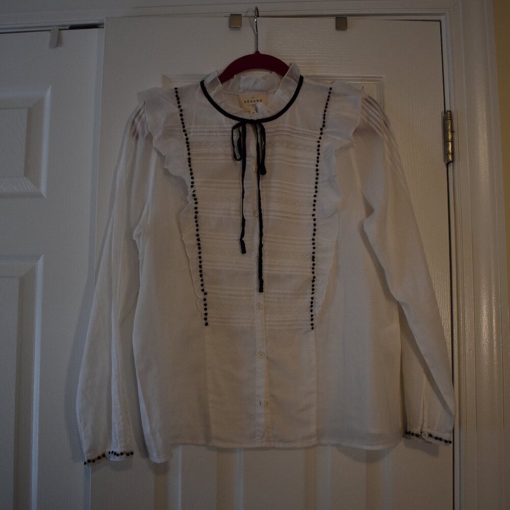 NWT Sezane Velvet Black Bow Button Down